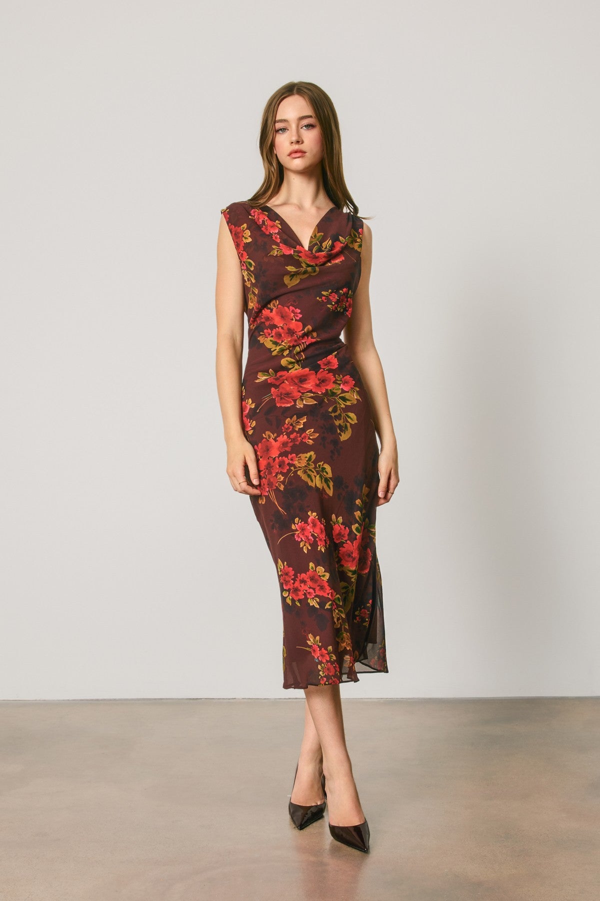 DEON Floral Chiffon Draped Midi Dress