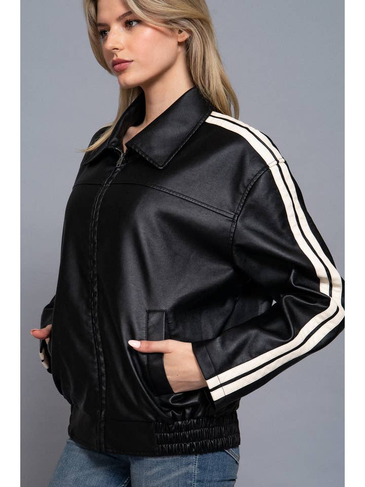 Active Basic Long Sleeve Line Detail Faux Leather Jacket