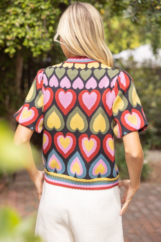 DEON Short Bubble Sleeve Heart Print Knit Top