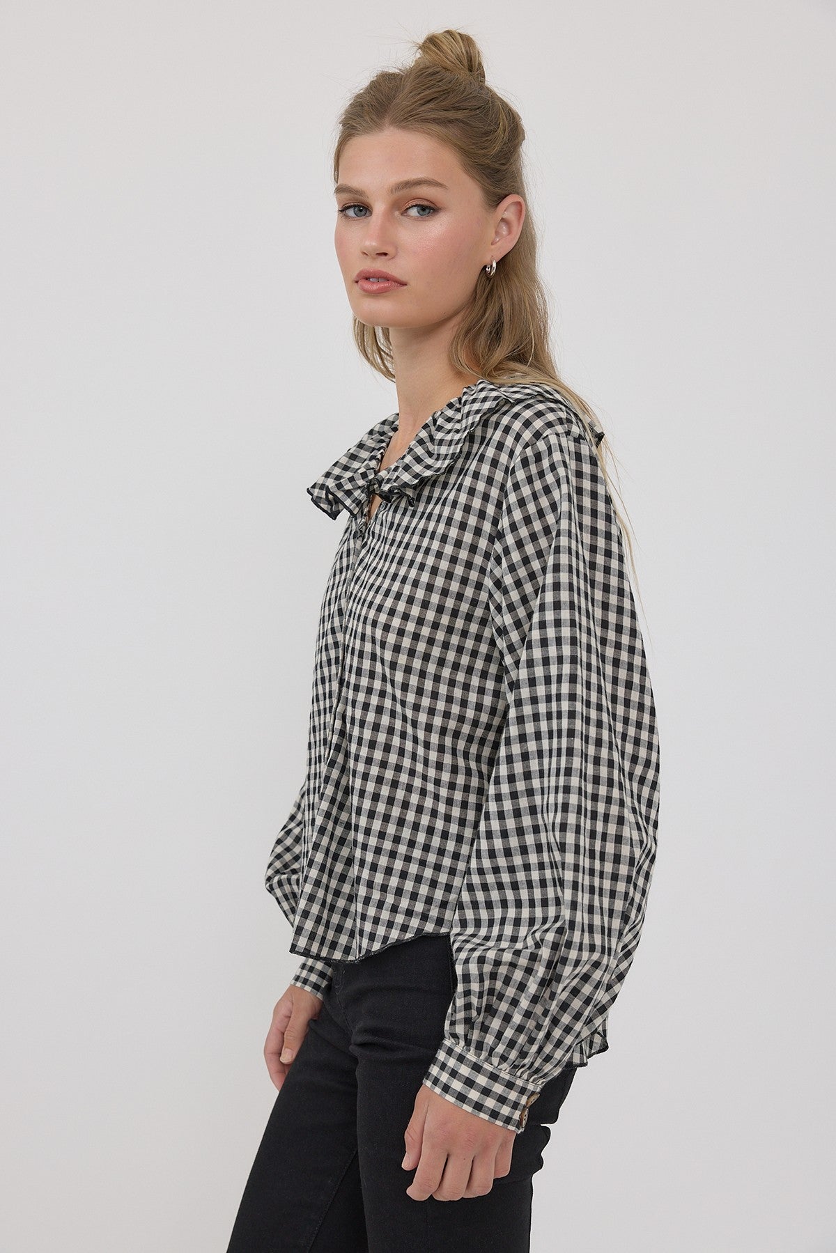 DEON Gingham Ruffle Collar Button-Up Blouse