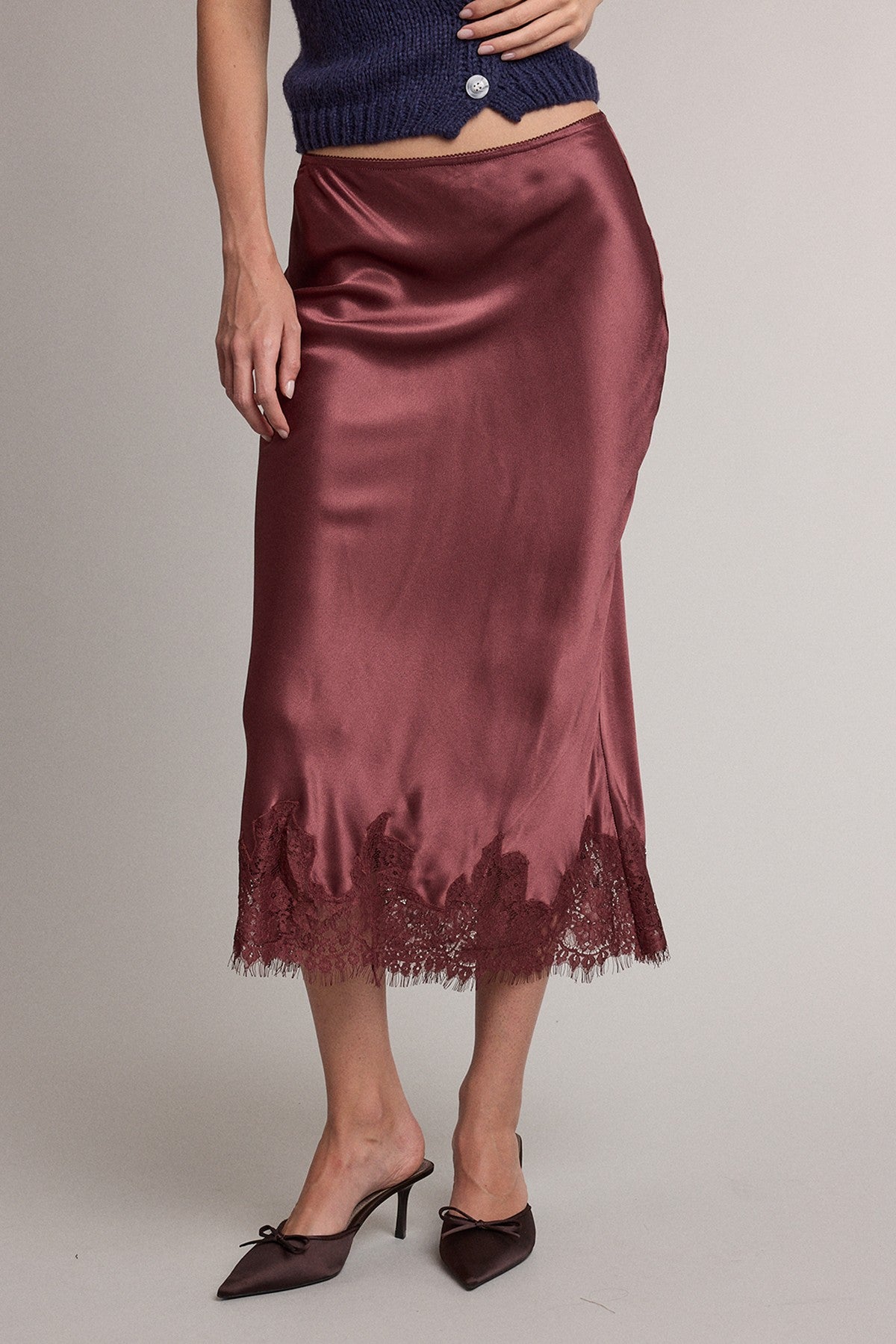 DEON Satin Lace Trim Midi Skirt Wine
