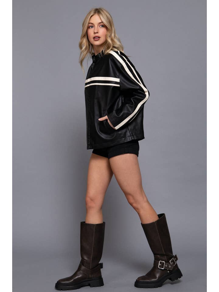 Active Basic Long Sleeve Line Detail Washed Effect Faux Leather Jacket