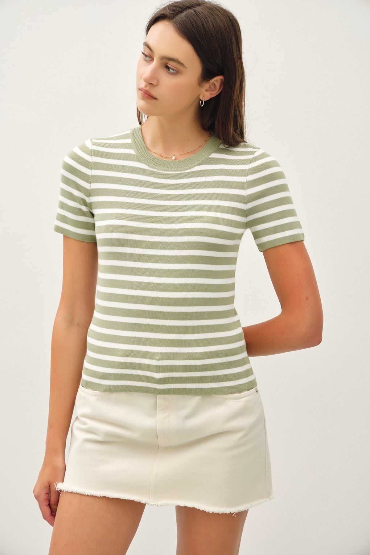 NYLAND Beth Ultra Soft S/S Striped Sweater Top Sage