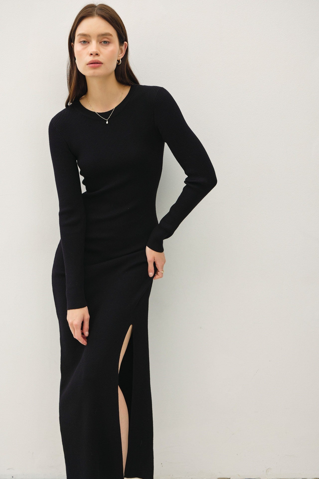 NYLAND Mira LS Maxi Sweater Dress w/ Slit Black