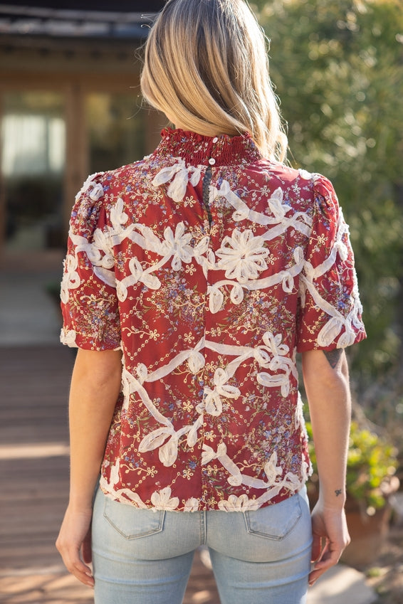 DEON Smocked Mock Neck with Floral Lace Detail Top