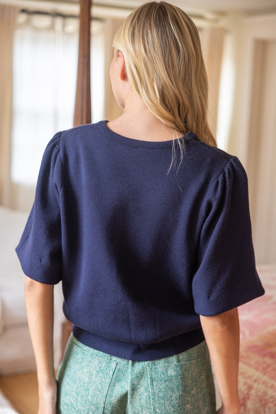 DEON Solid Knit Short Bubble Sleeve Top