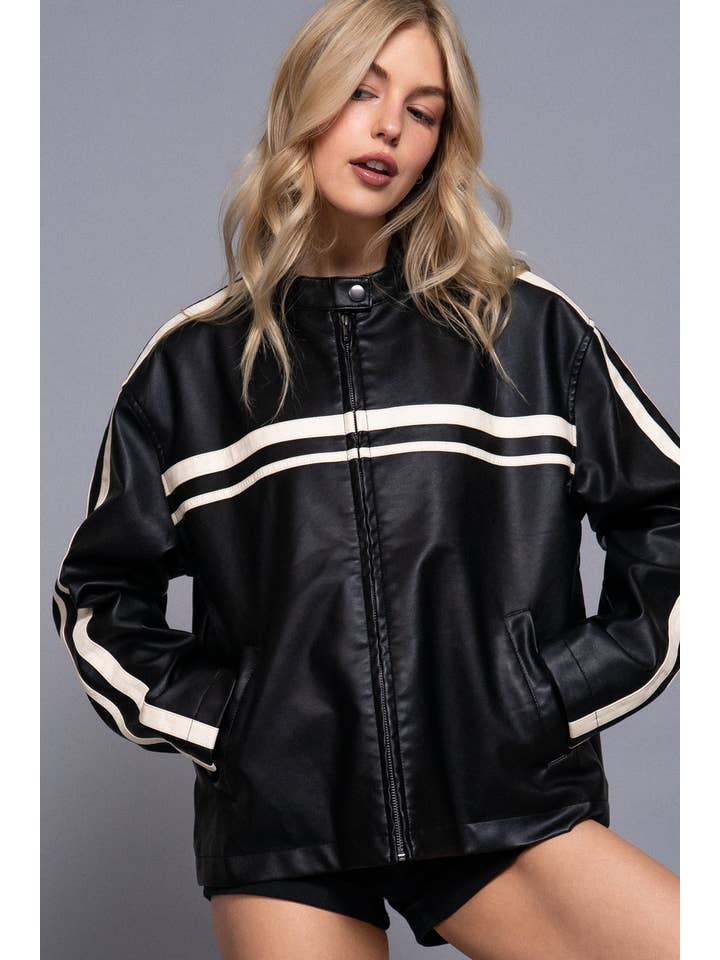 Active Basic Long Sleeve Line Detail Washed Effect Faux Leather Jacket