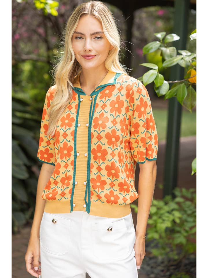 VOY Double Embellished Button Down Floral Knit Cardigan