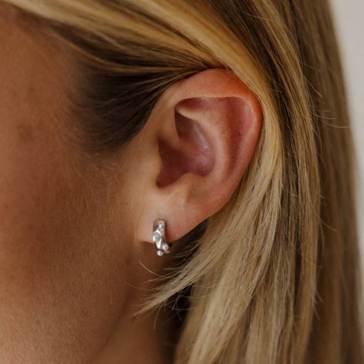 The Land of Salt Sylvie Pearl Huggie Hoop Earrings in Silver