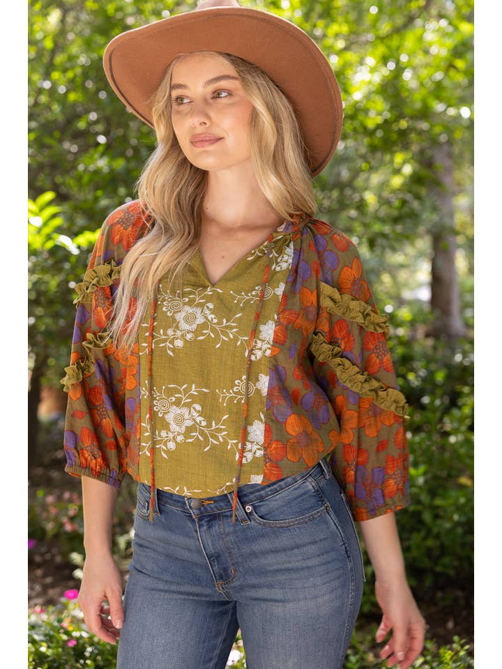 DEON 3/4 Sleeve Ruffled Detail Color Block Top