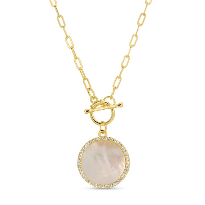 Splendid Iris Mother of Pearl Pavé Circle Toggle Necklace