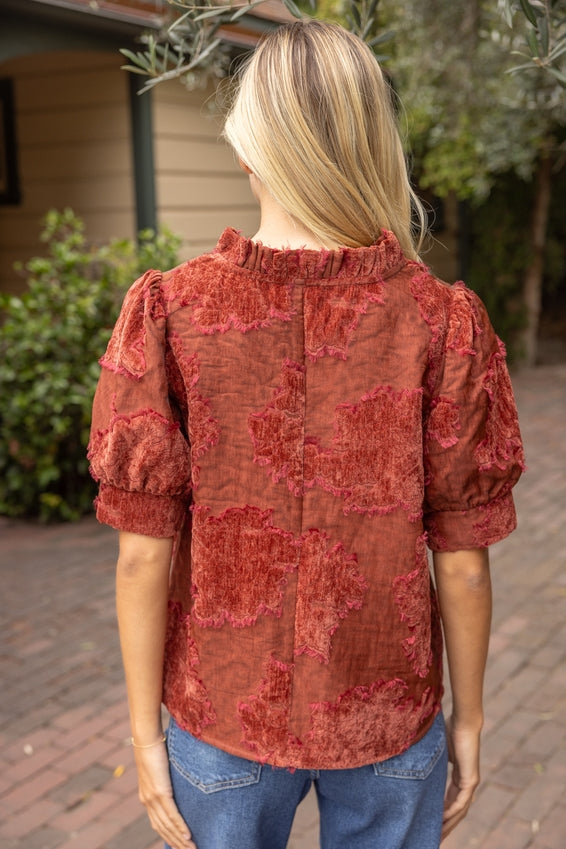 VOY Ruffled V-Neck Textured Burnout Velvet Top