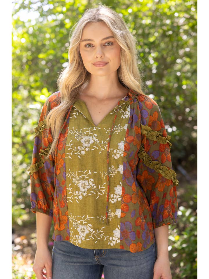 DEON 3/4 Sleeve Ruffled Detail Color Block Top