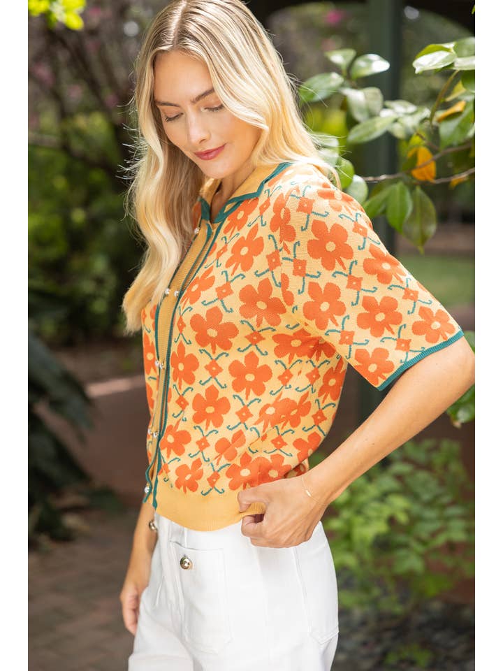 DEON Double Embellished Button Down Floral Knit Cardigan