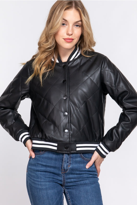 Active Basic Long Sleeve Quilted PU Faux Leather Bomber Jacket Black