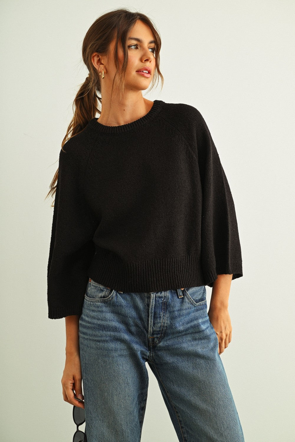 DEON 3/4 Sleeve Knit Top Black