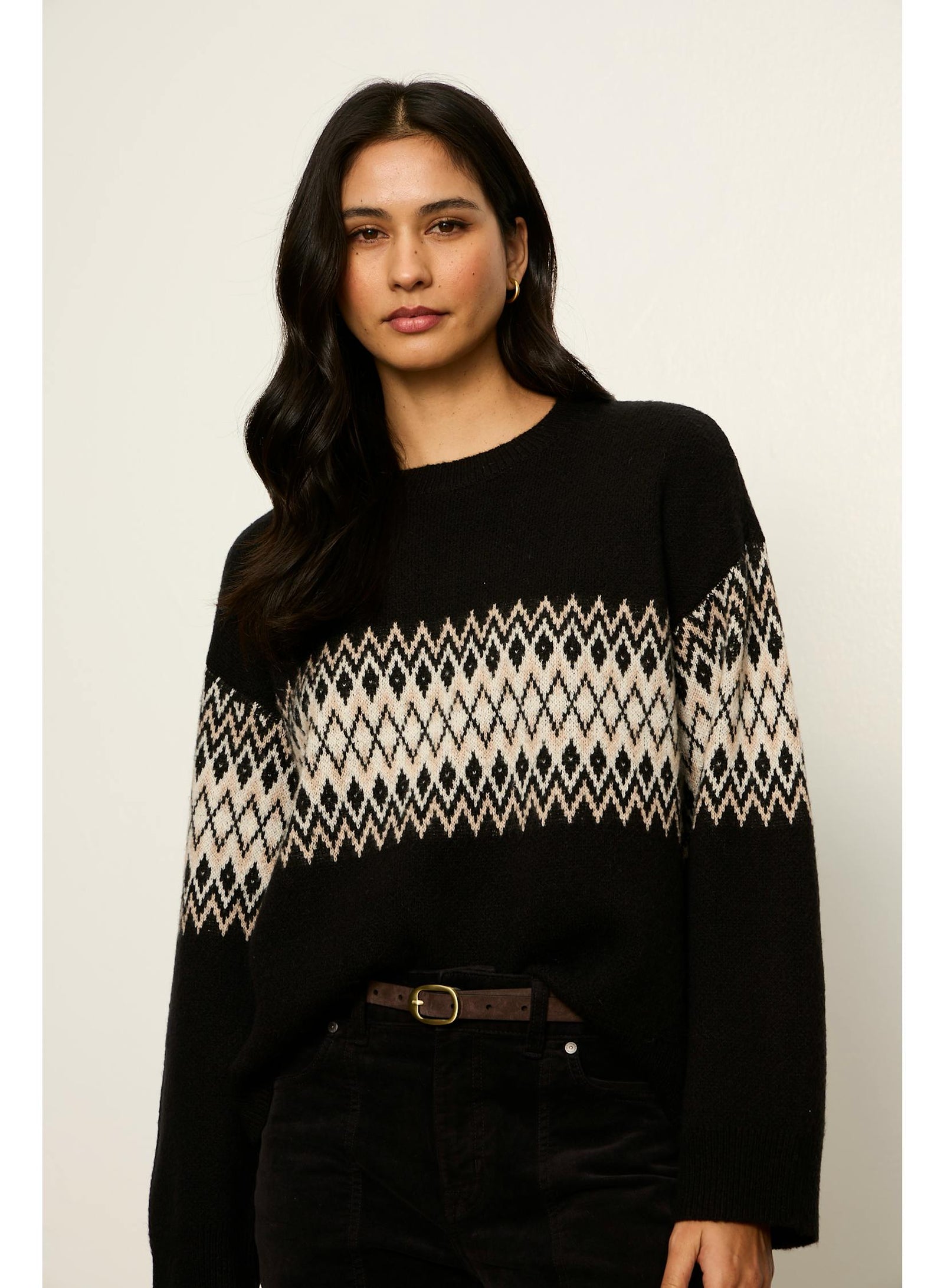 Sanctuary Argyle Crew Pullover in Black Argyle