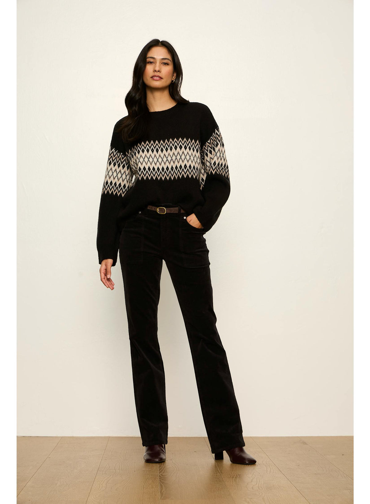 Sanctuary Argyle Crew Pullover in Black Argyle