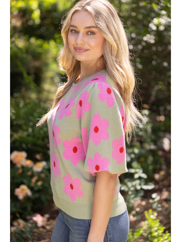 VOY Short Bubble Sleeve Floral Printed Knitted Top