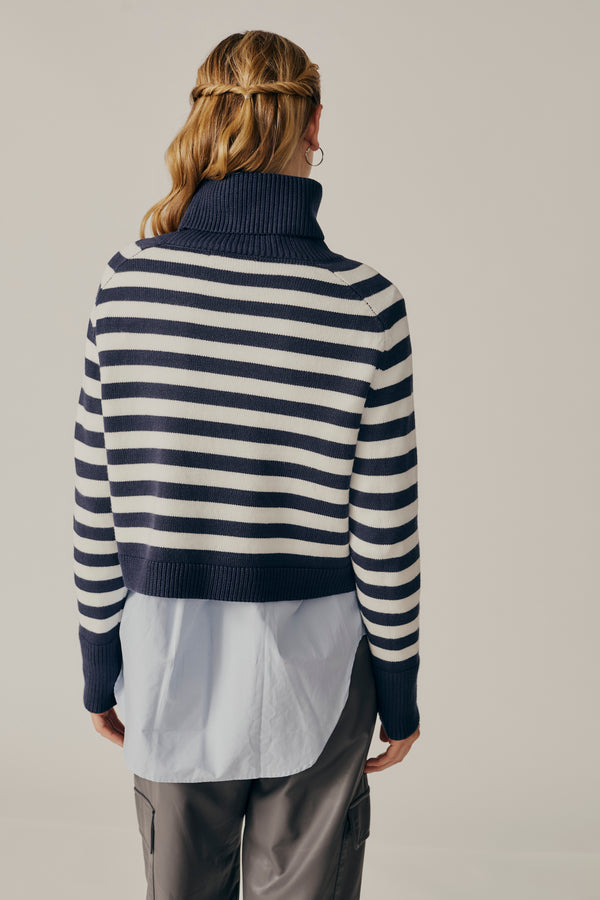 DELUC Pugliese Striped Turtleneck Sweater Navy and Ecru