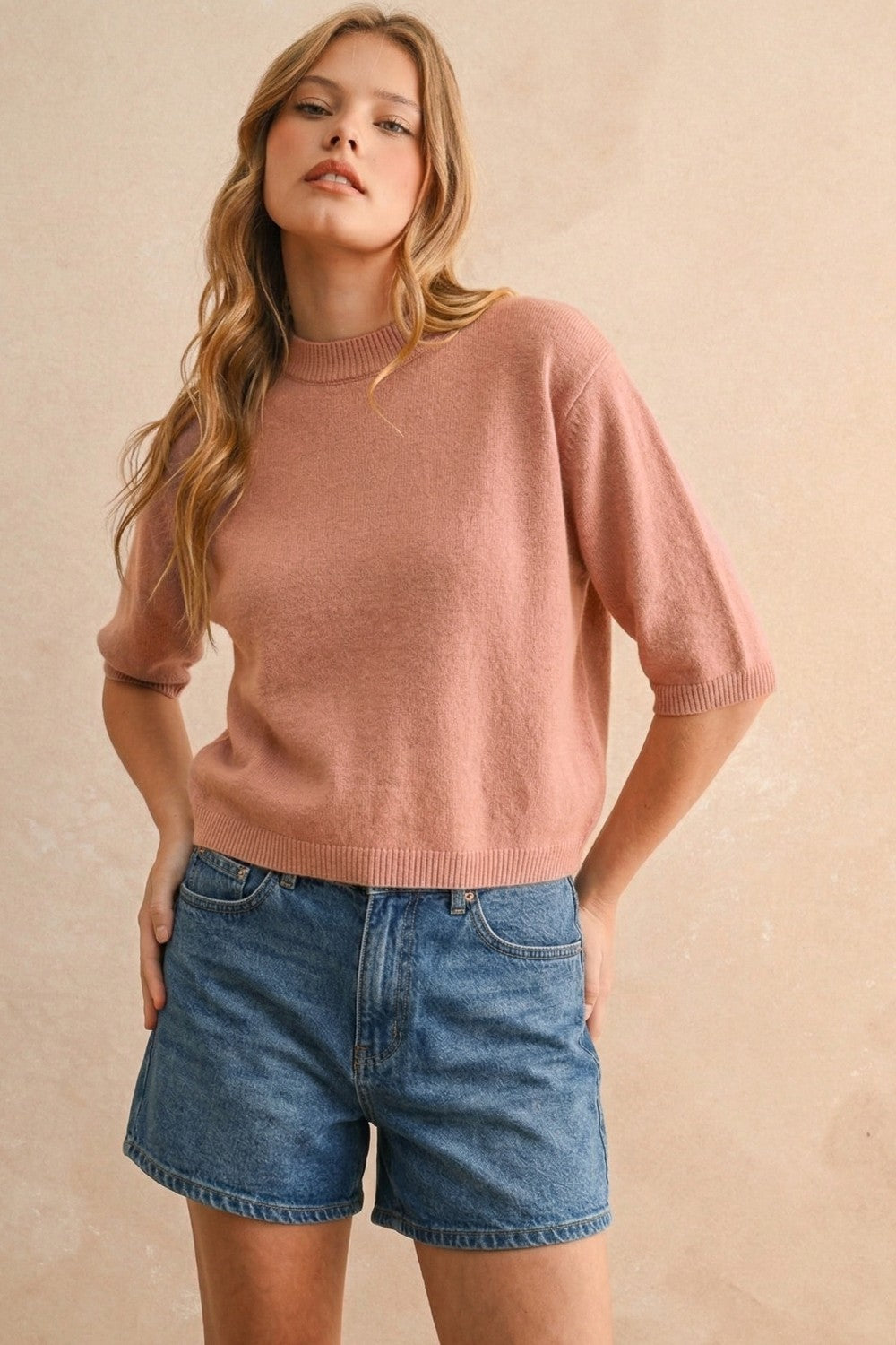 DEON Luxurious Short Sleeve Sweater Top Rosey