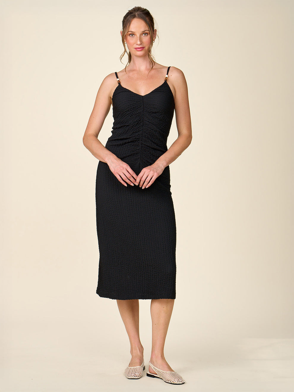 Anthem the Label Cinch Front Textured Midi Cami Dress with Beaded Straps