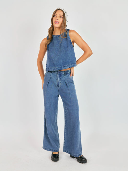 Sadie & Sage It's Pouring Sleeveless Top in Dark Chambray