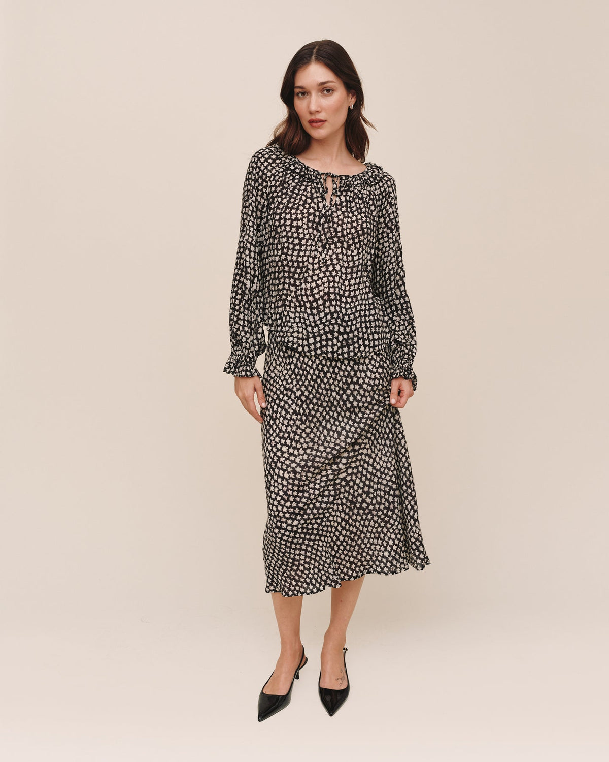 Bella Dahl Tie Neck Ruffle Top in Sketched Stars Print