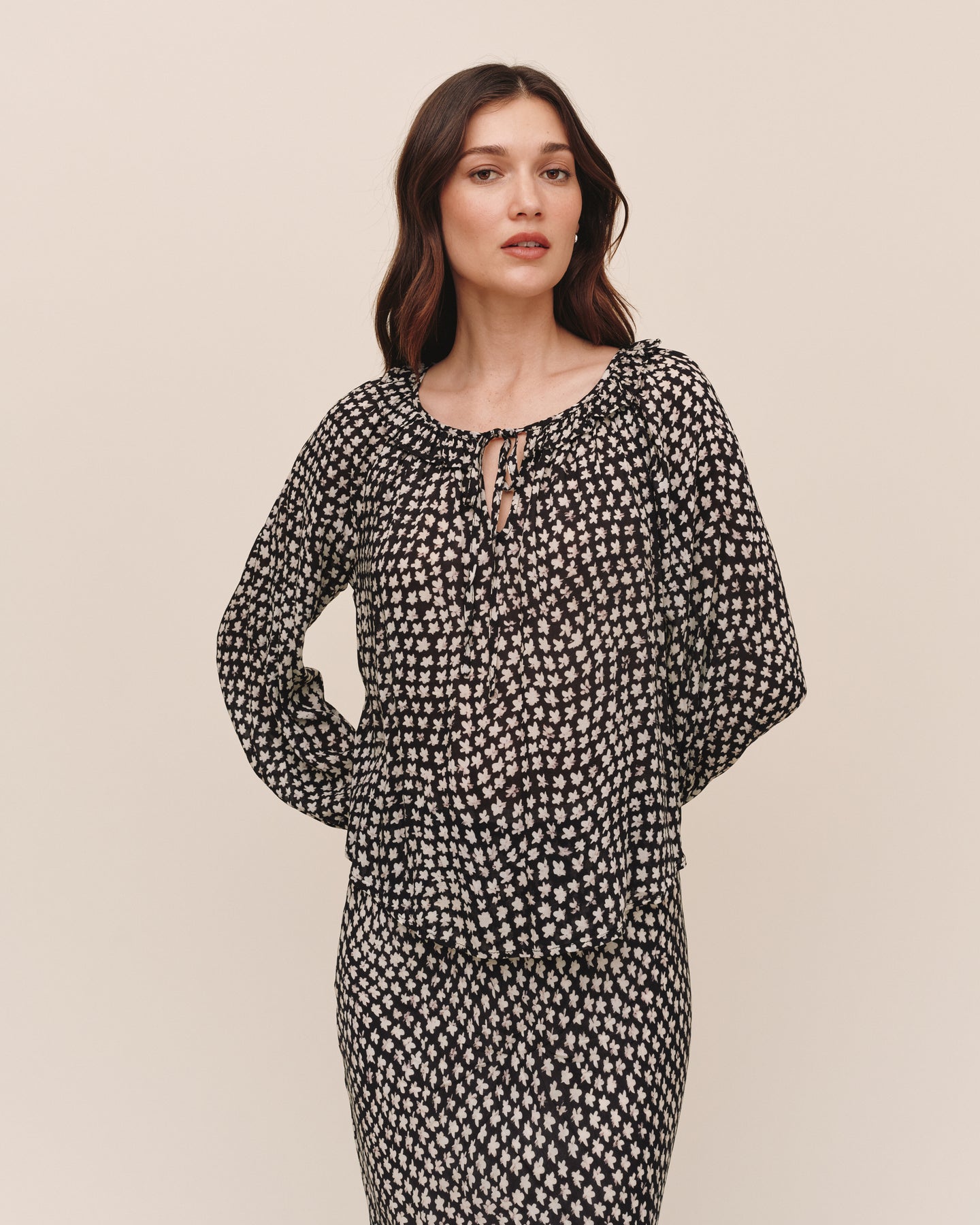 Bella Dahl Tie Neck Ruffle Top in Sketched Stars Print