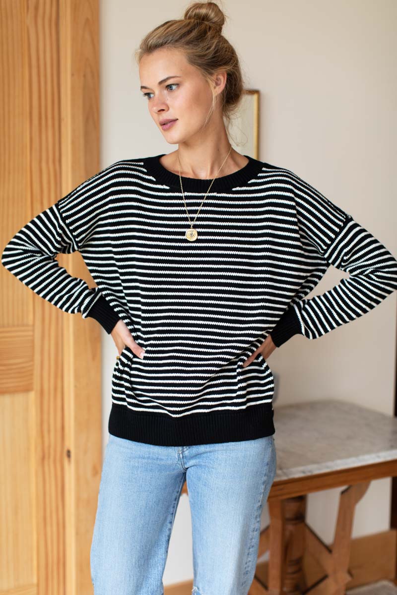 EMERSON FRY Carolyn Sweater in Ivory Stripe Black Organic