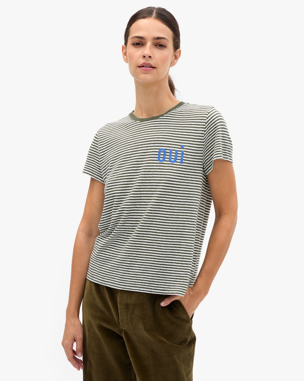 Clare V. Classic Tee Cotton/Linen Mini Stripe Oui Army Cream