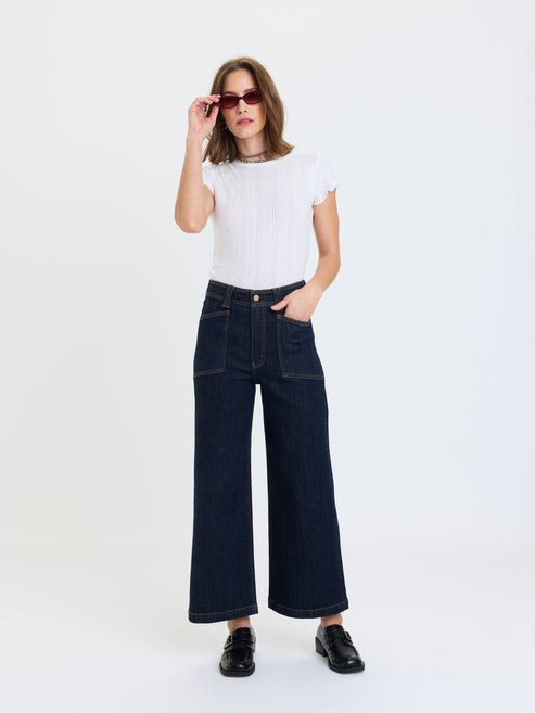 Daze Denim Valley Girl High Rise Patch Pocket Wide Ankle in Rinse