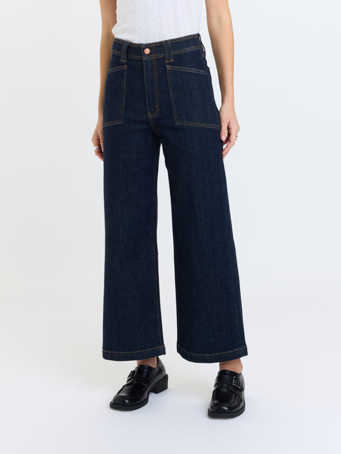 Daze Denim Valley Girl High Rise Patch Pocket Wide Ankle in Rinse