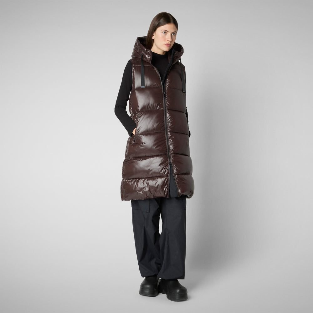 Save The Duck Iria Long Puffer Vest in Brown Black