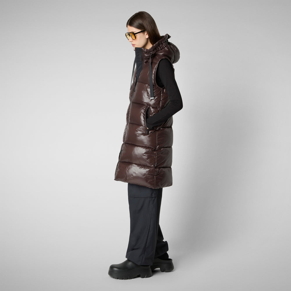 Save The Duck Iria Long Puffer Vest in Brown Black