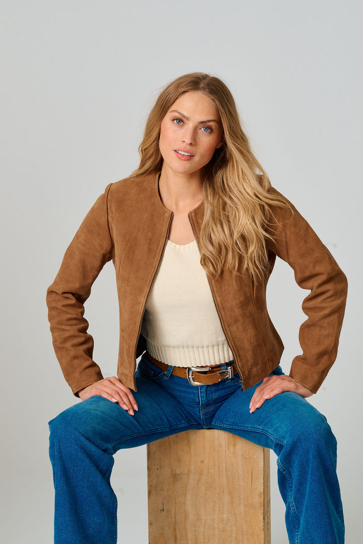Mauritius Leather Quynn African Suede Leather Jacket Dark Camel