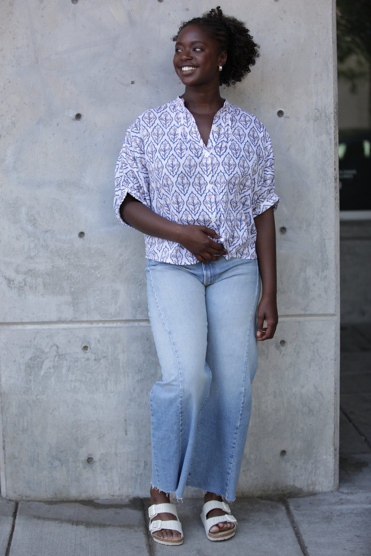 EMERSON FRY Mandarin Collar Top in Blue Portrait Floral