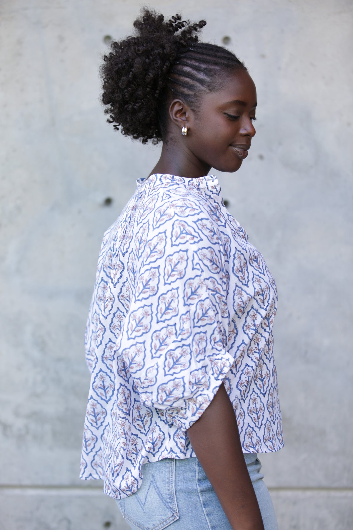 EMERSON FRY Mandarin Collar Top in Blue Portrait Floral