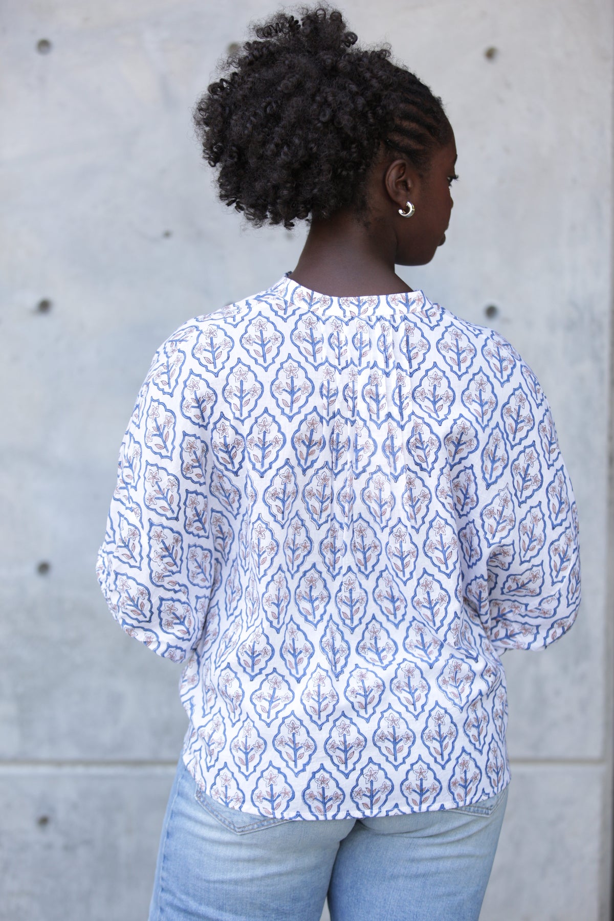 EMERSON FRY Mandarin Collar Top in Blue Portrait Floral