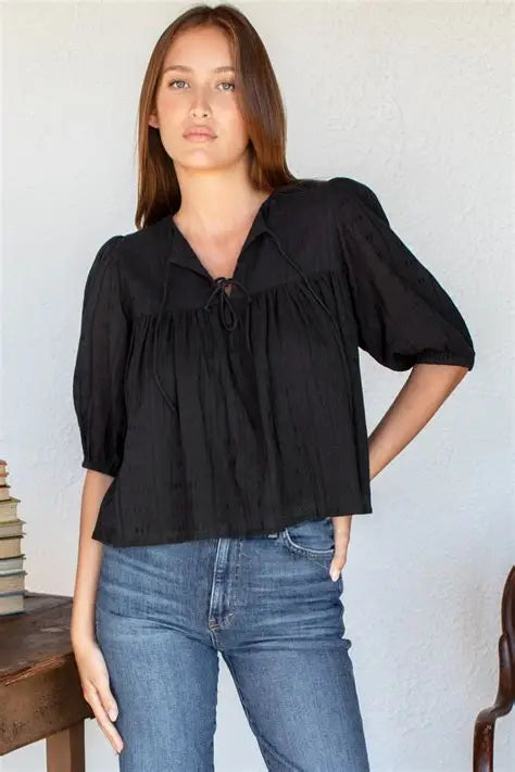 EMERSON FRY Puff Isla Top in Black Beauty Cotton Dobby Jacquard