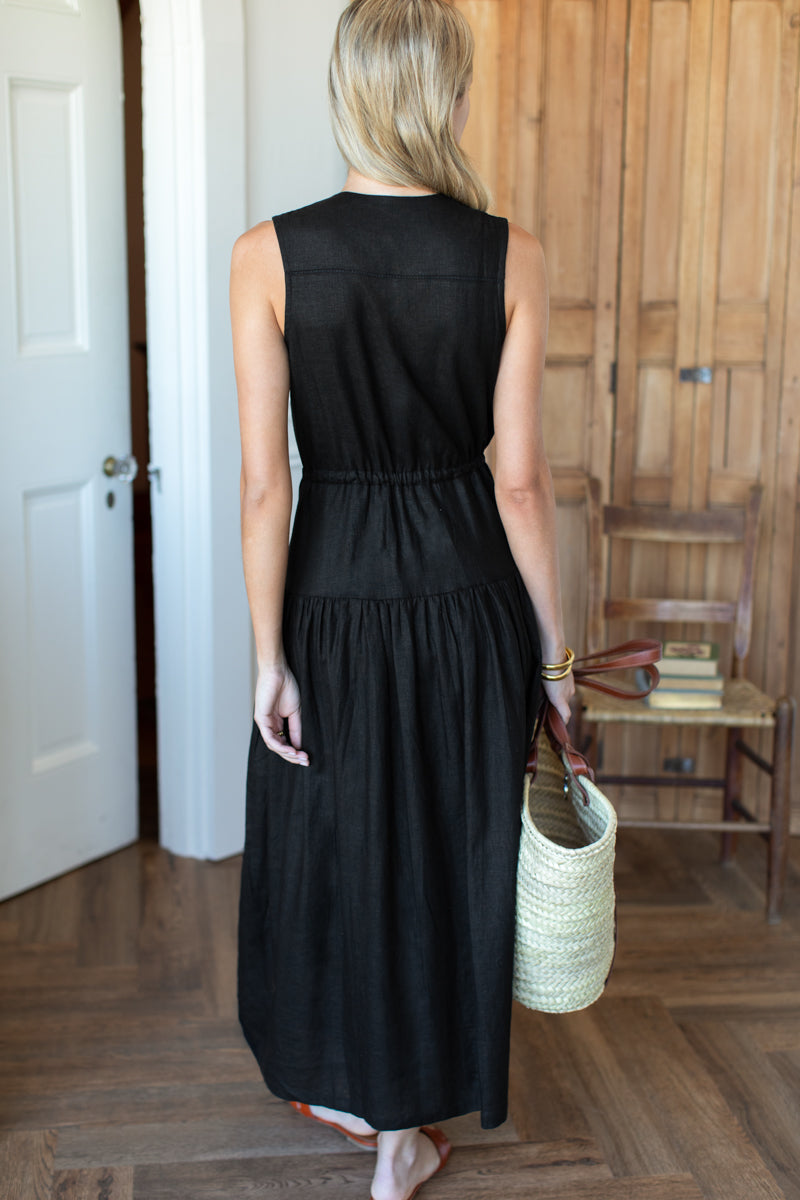 Emerson Fry Basque Sundress in Jet Black Linen