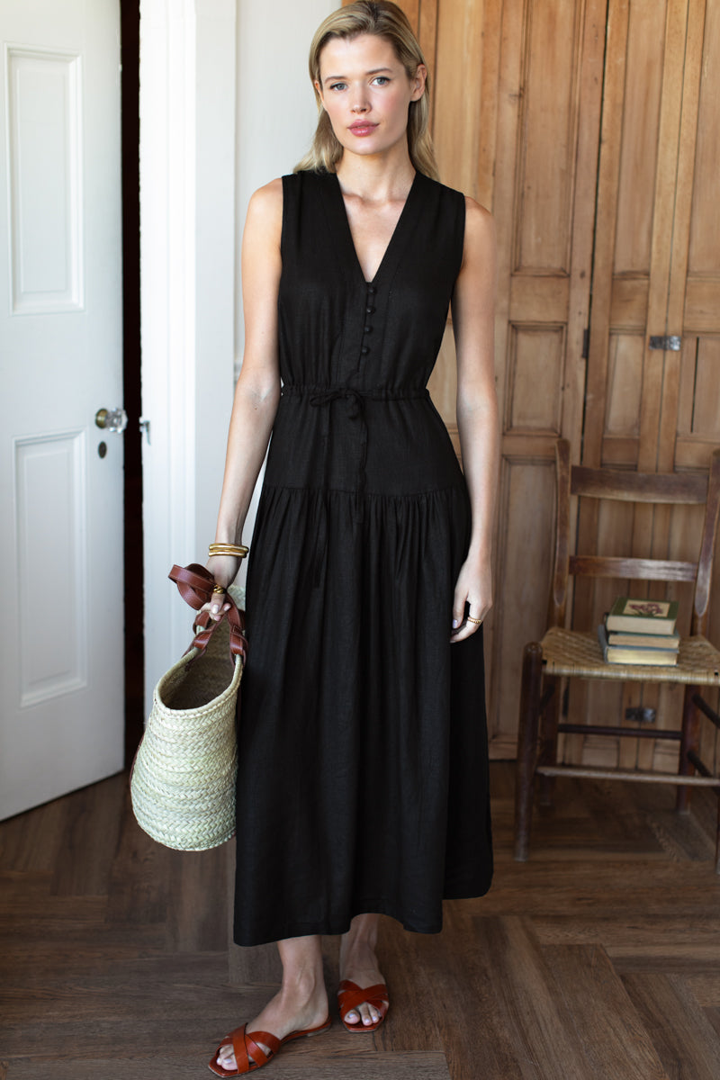 Emerson Fry Basque Sundress in Jet Black Linen
