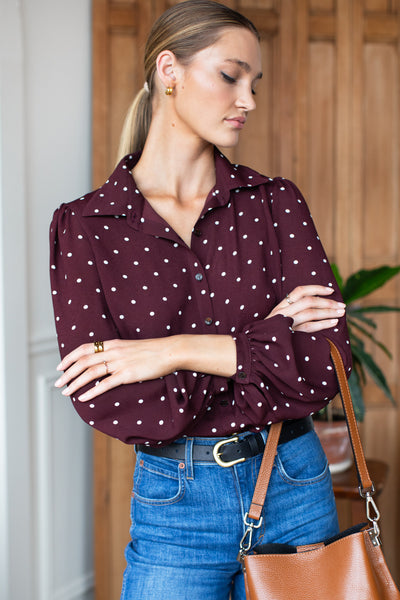 EMERSON FRY Frankie Blouse in Small Dots Tawny Port