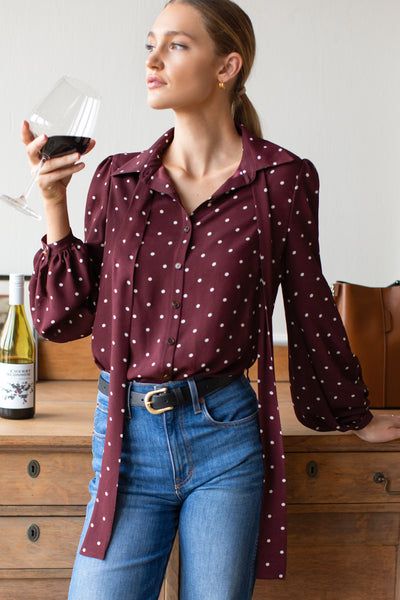 EMERSON FRY Frankie Blouse in Small Dots Tawny Port