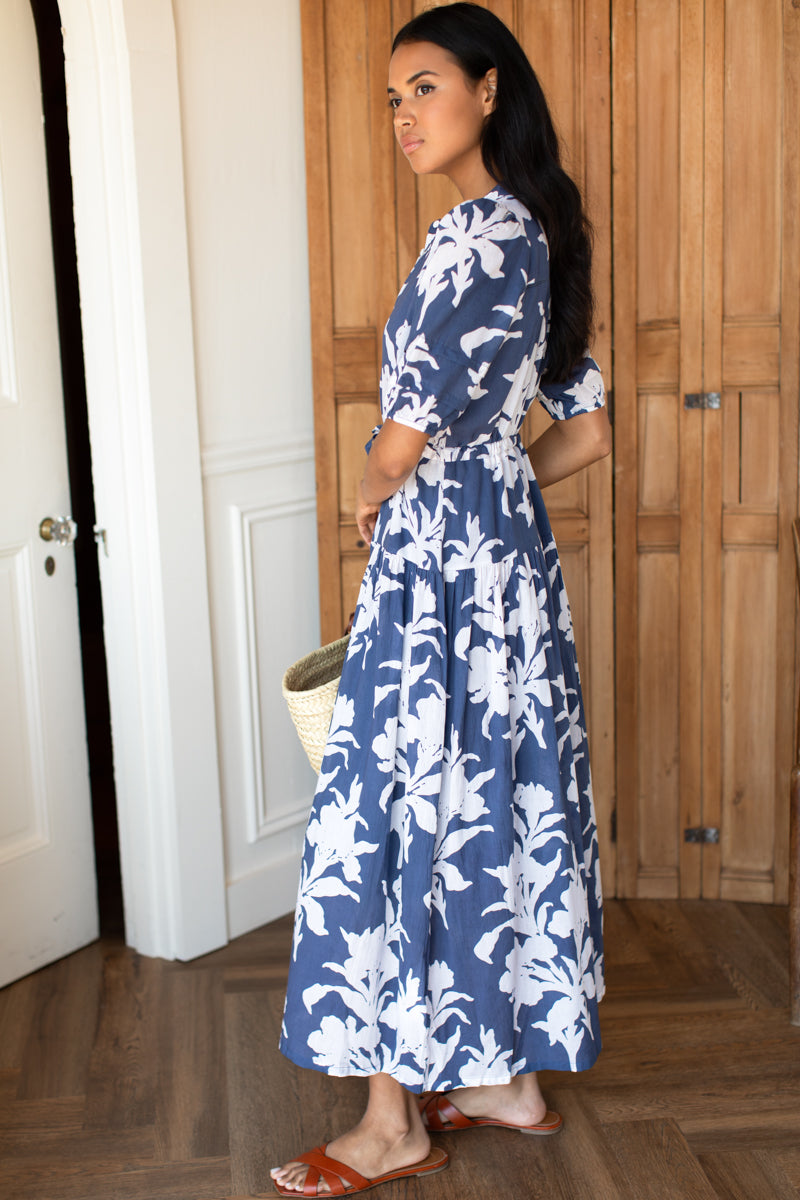 EMERSON FRY Lucy 4 Basque Dress in Blue Indigo + Ivory