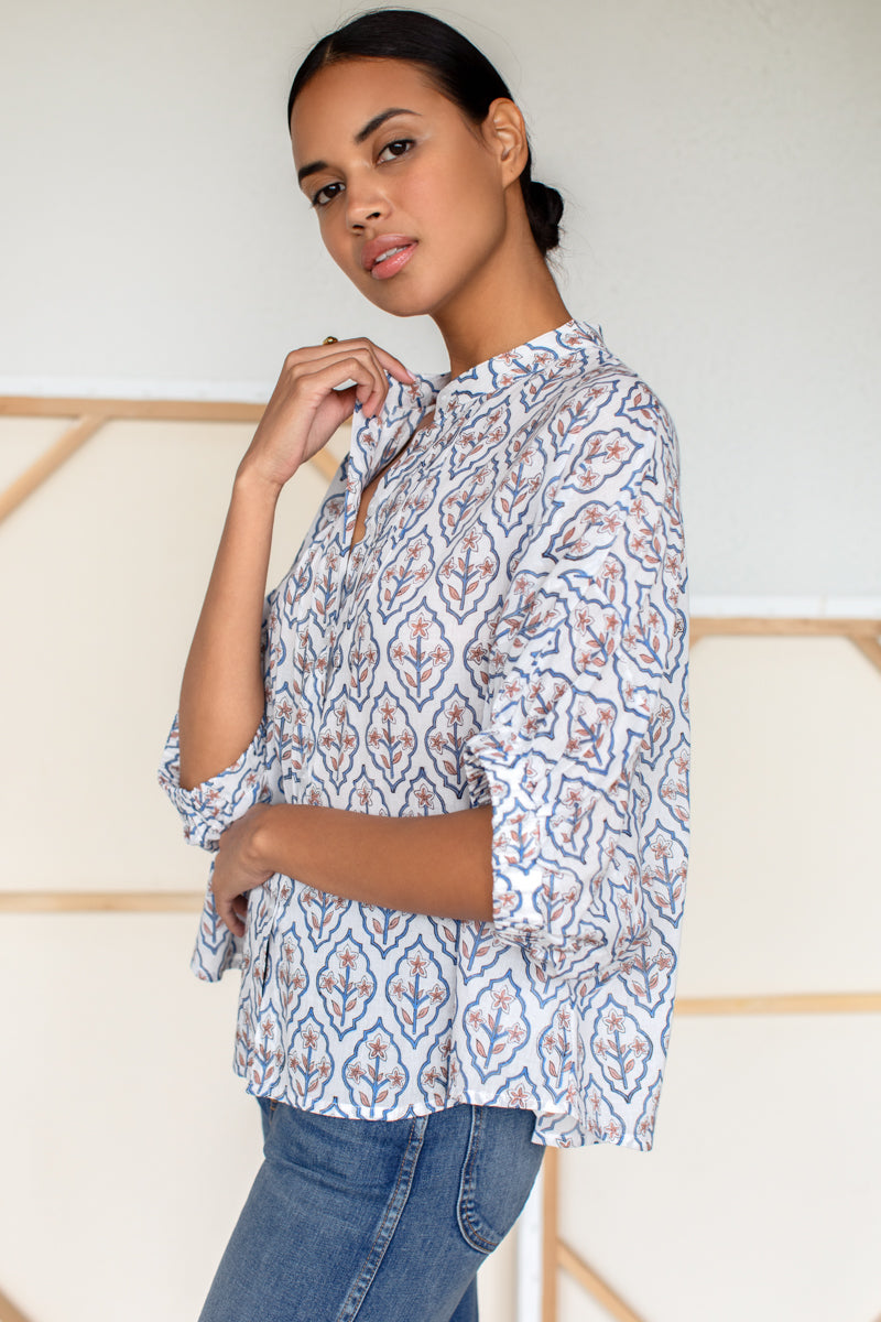 EMERSON FRY Mandarin Collar Top in Blue Portrait Floral