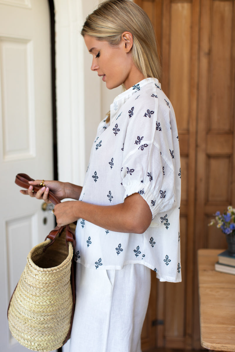 EMERSON FRY Mandarin Collar Top in Daughters 2 Mood Indigo Organic