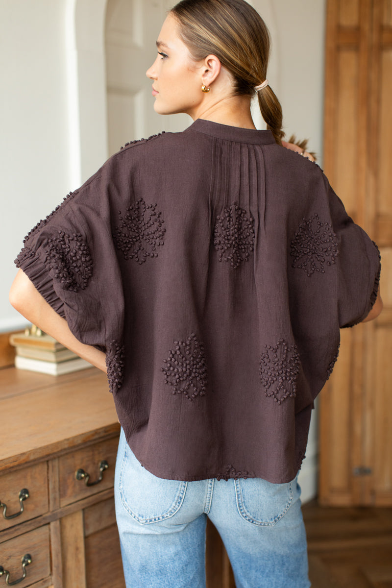 EMERSON FRY Mandarin Collar Top in French Knot Floral Vintage Chestnut