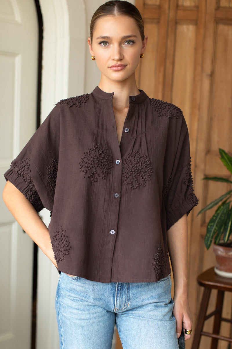 EMERSON FRY Mandarin Collar Top in French Knot Floral Vintage Chestnut