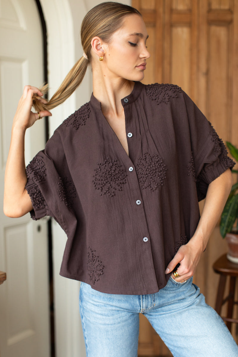 EMERSON FRY Mandarin Collar Top in French Knot Floral Vintage Chestnut